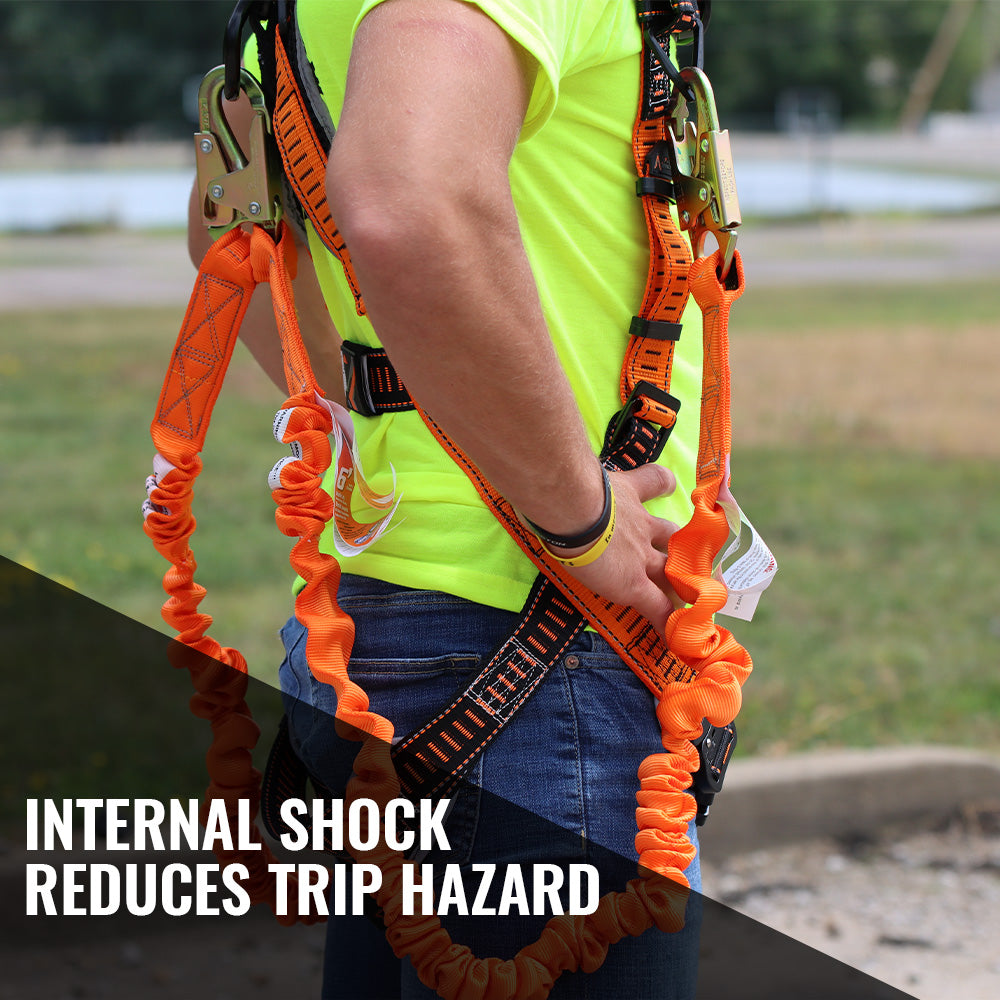 4.5' - 6’ DOUBLE LEG STRETCH INTERNAL SHOCK ABSORBING LANYARD WITH 3 STEEL SNAP HOOKS