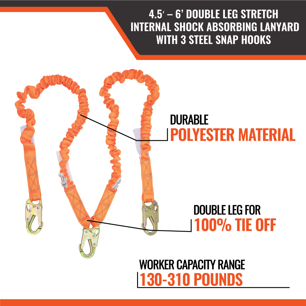 4.5' - 6’ DOUBLE LEG STRETCH INTERNAL SHOCK ABSORBING LANYARD WITH 3 STEEL SNAP HOOKS