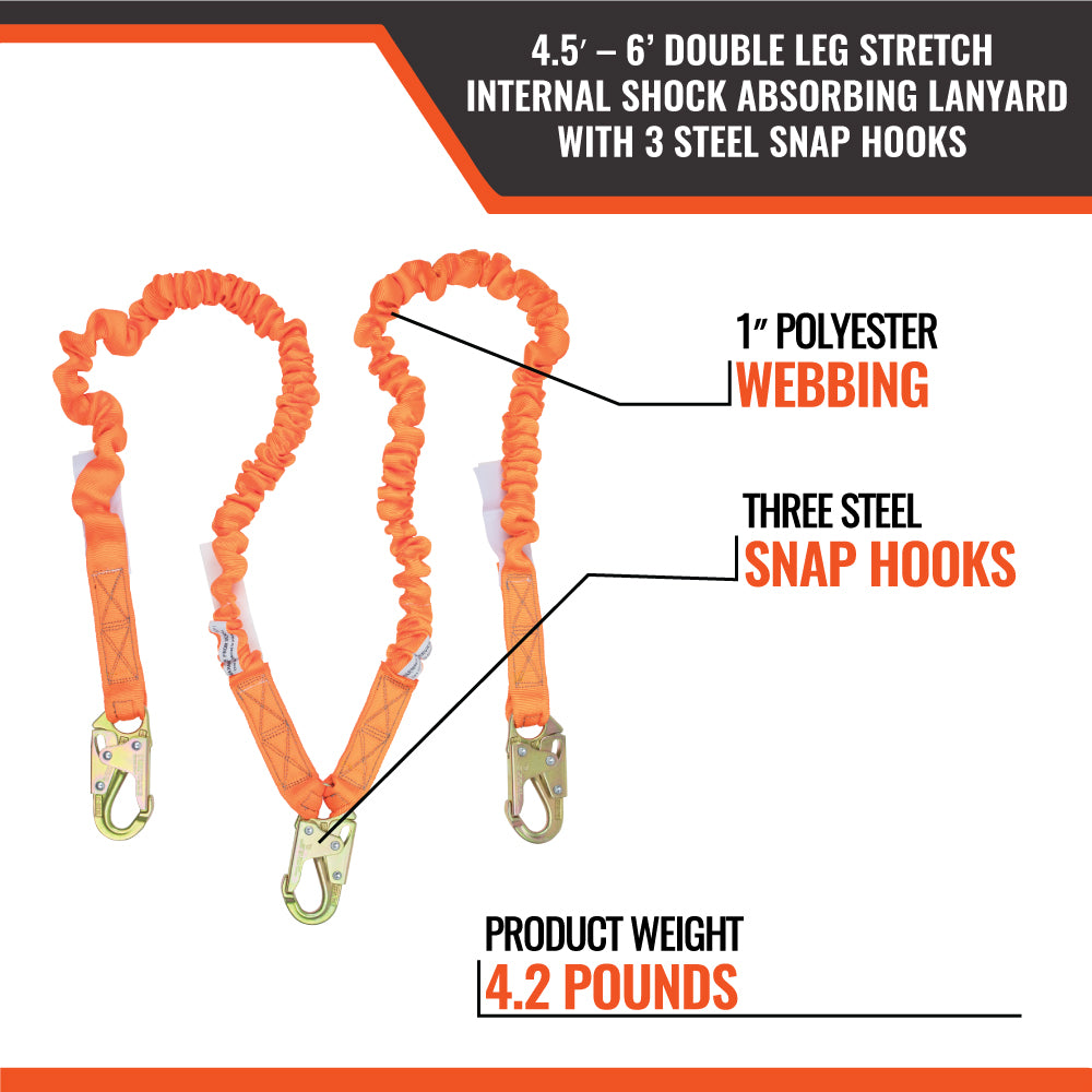 4.5' - 6’ DOUBLE LEG STRETCH INTERNAL SHOCK ABSORBING LANYARD WITH 3 STEEL SNAP HOOKS