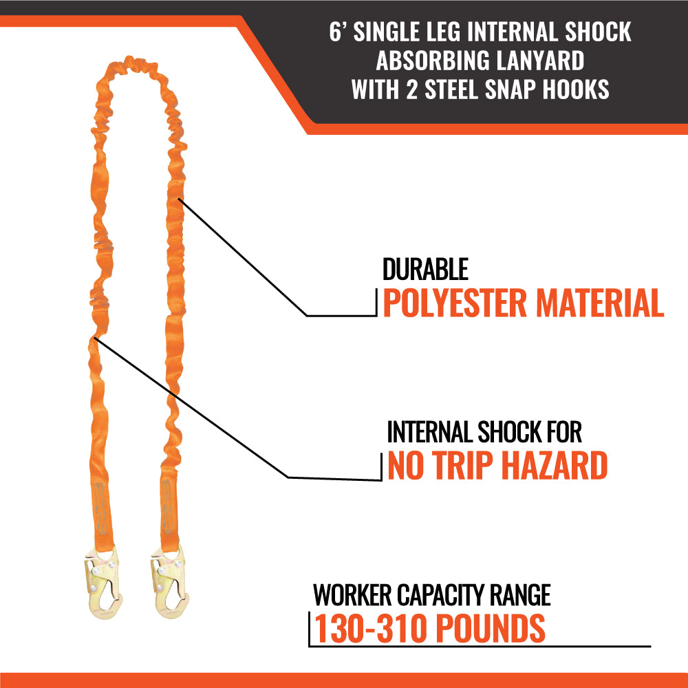 6’ SINGLE LEG INTERNAL SHOCK ABSORBING LANYARD WITH 2 STEEL SNAP HOOKS