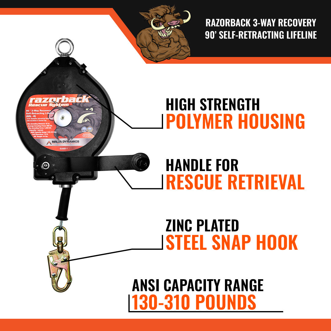 100’ Razorback 3-Way Recovery SRL With Snap Hook, Class SRL-R